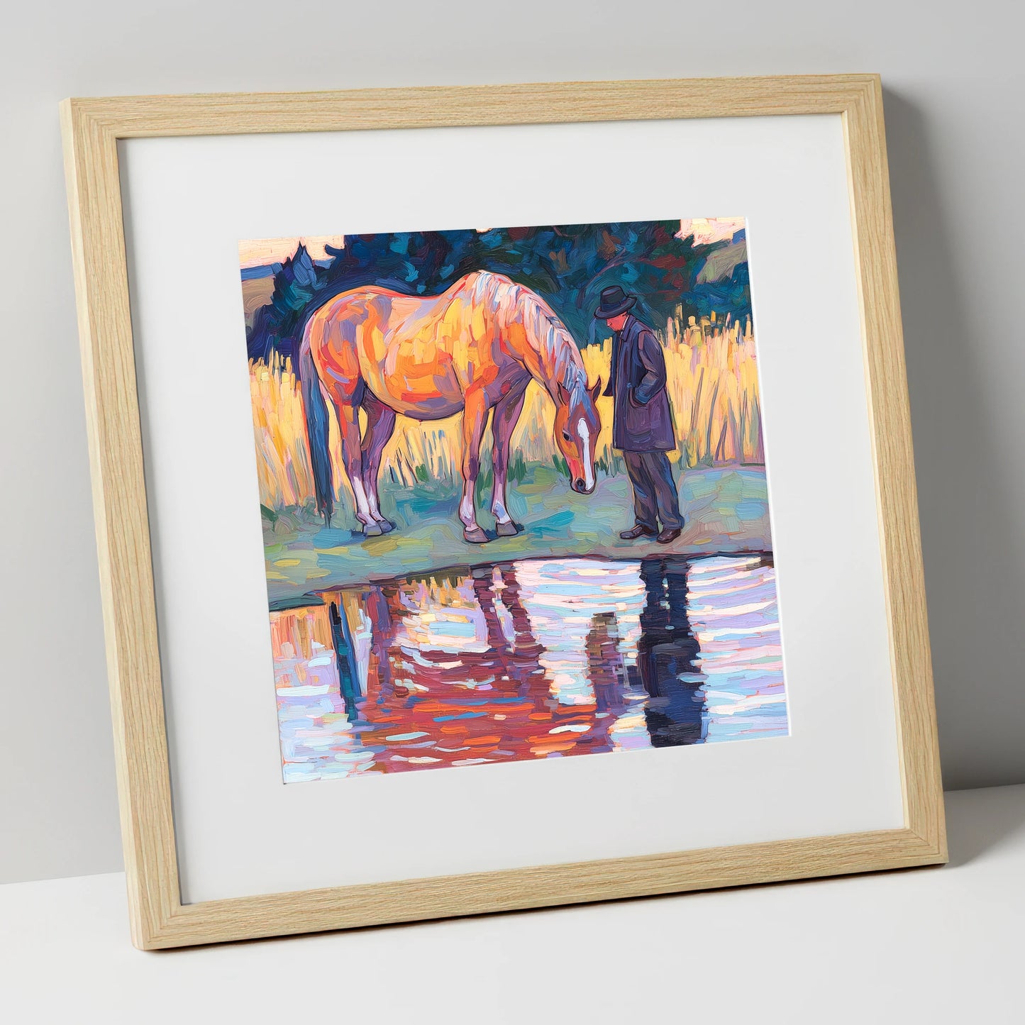 Quiet Reflections horse & rider art print in natural frame