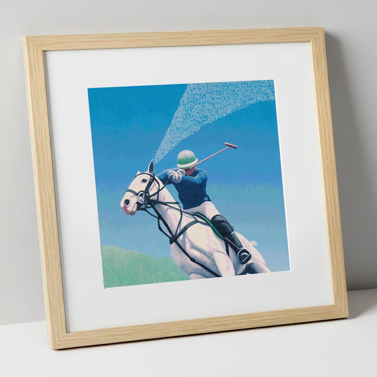 Skyward Swing polo horse art print in natural frame