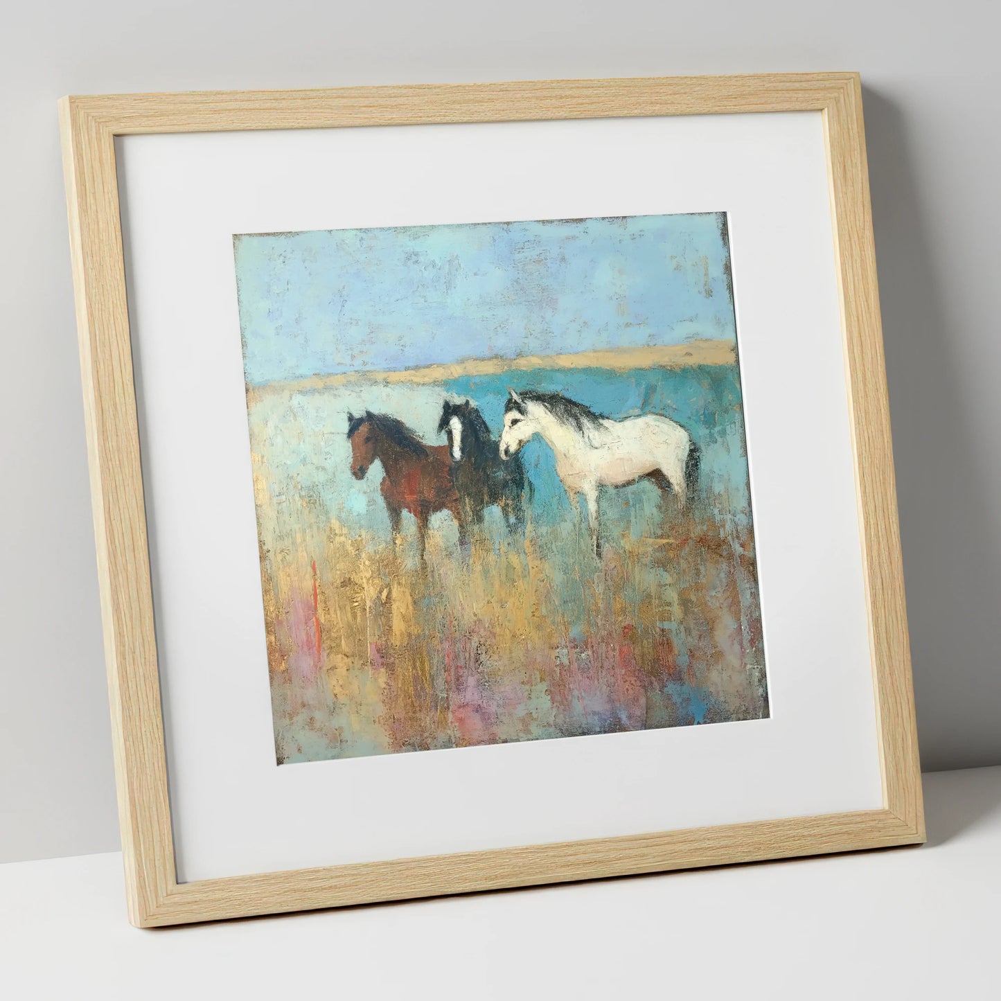 Coastal Companions wild horses art print in natural frame
