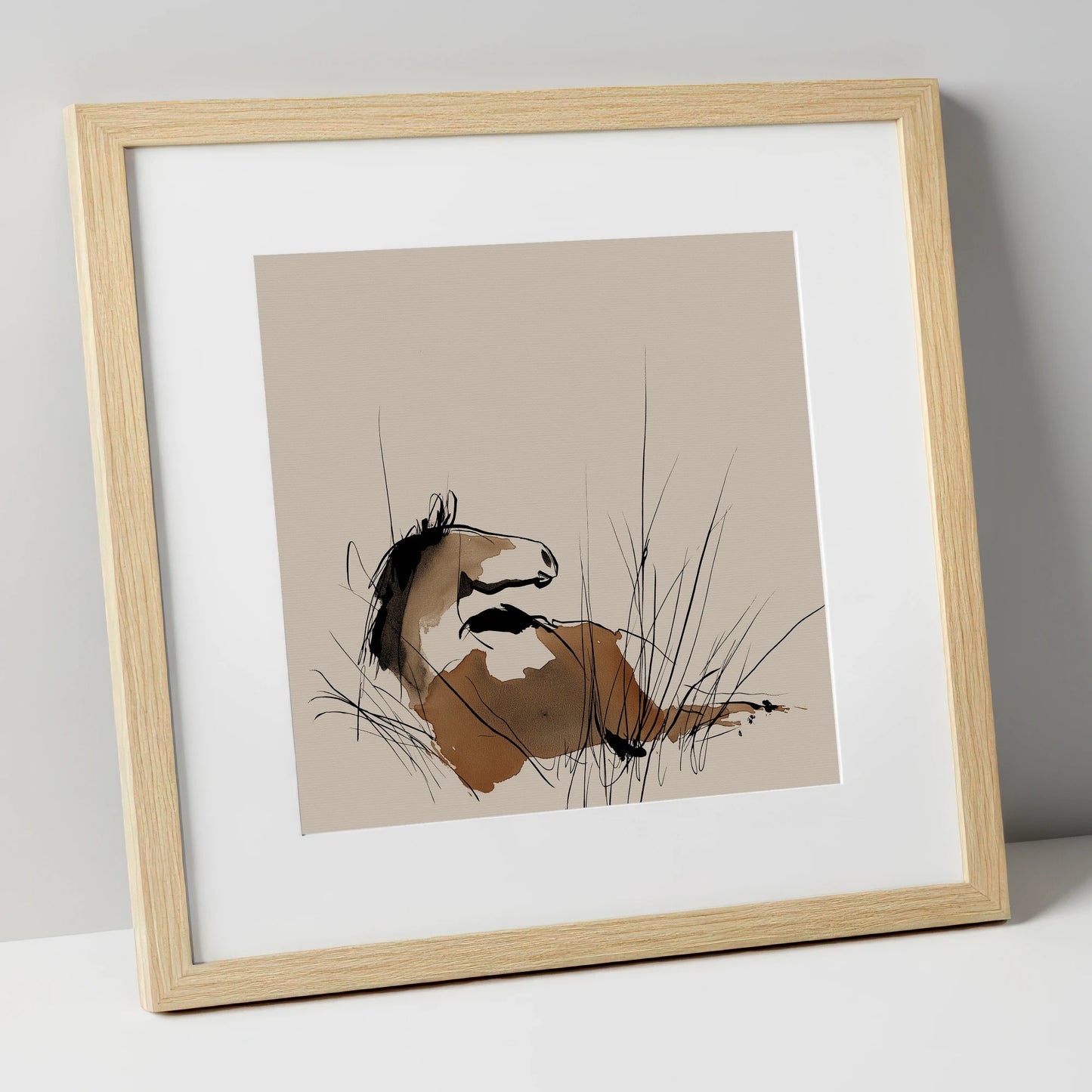 Alert in the Grass horse portrait art print in natural frame