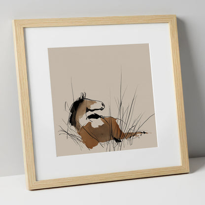 Alert in the Grass horse portrait art print in natural frame
