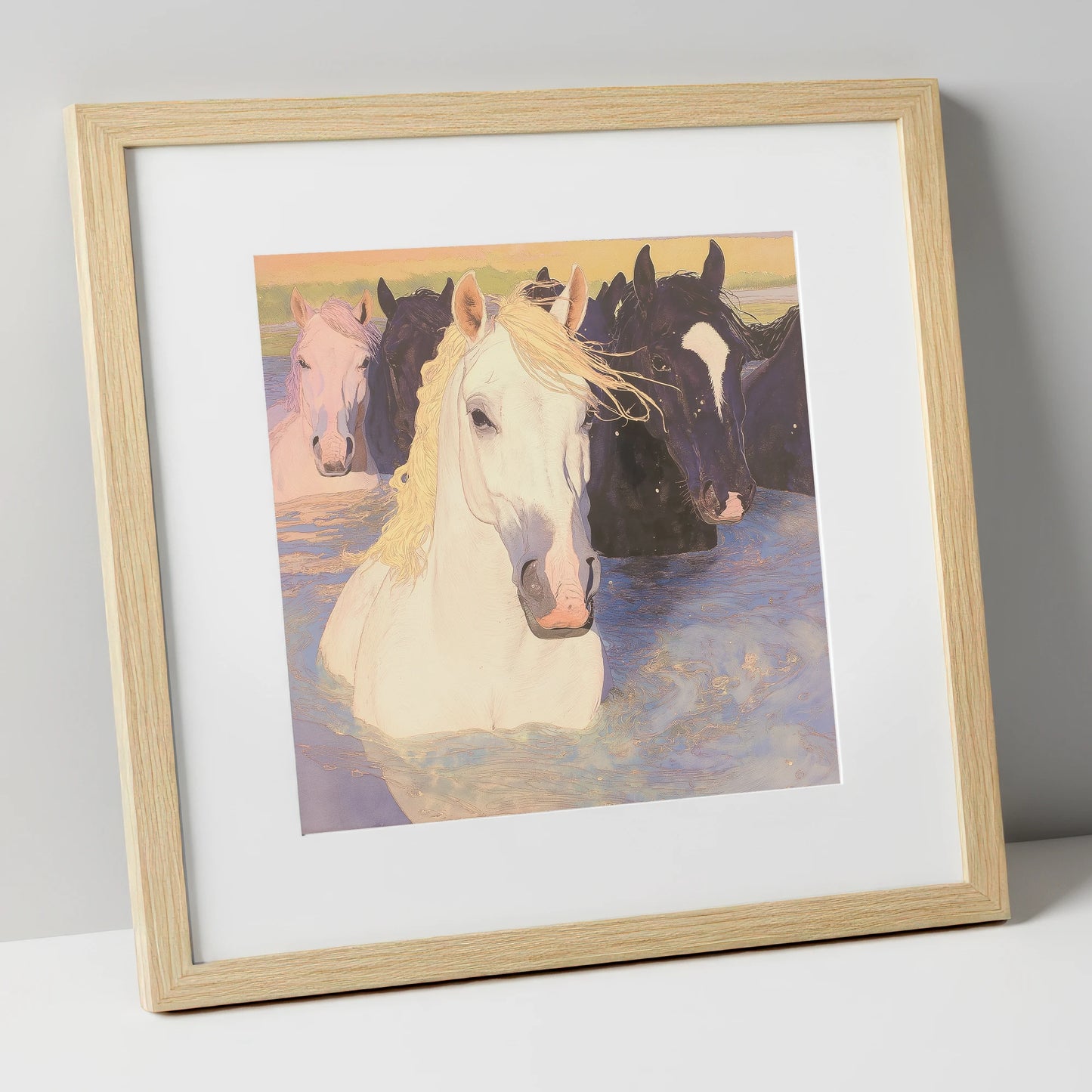 Luminous River Herd wild horses art print in natural frame