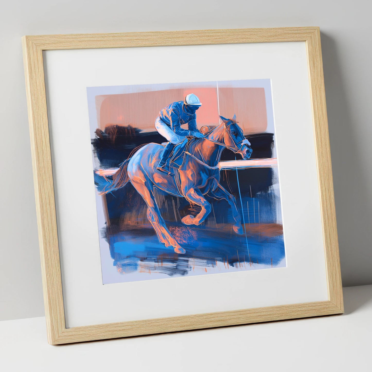 Cobalt Stride racing horse art print in natural frame
