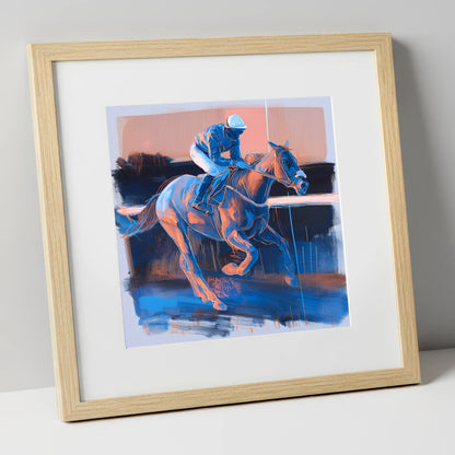 Cobalt Stride racing horse art print in natural frame