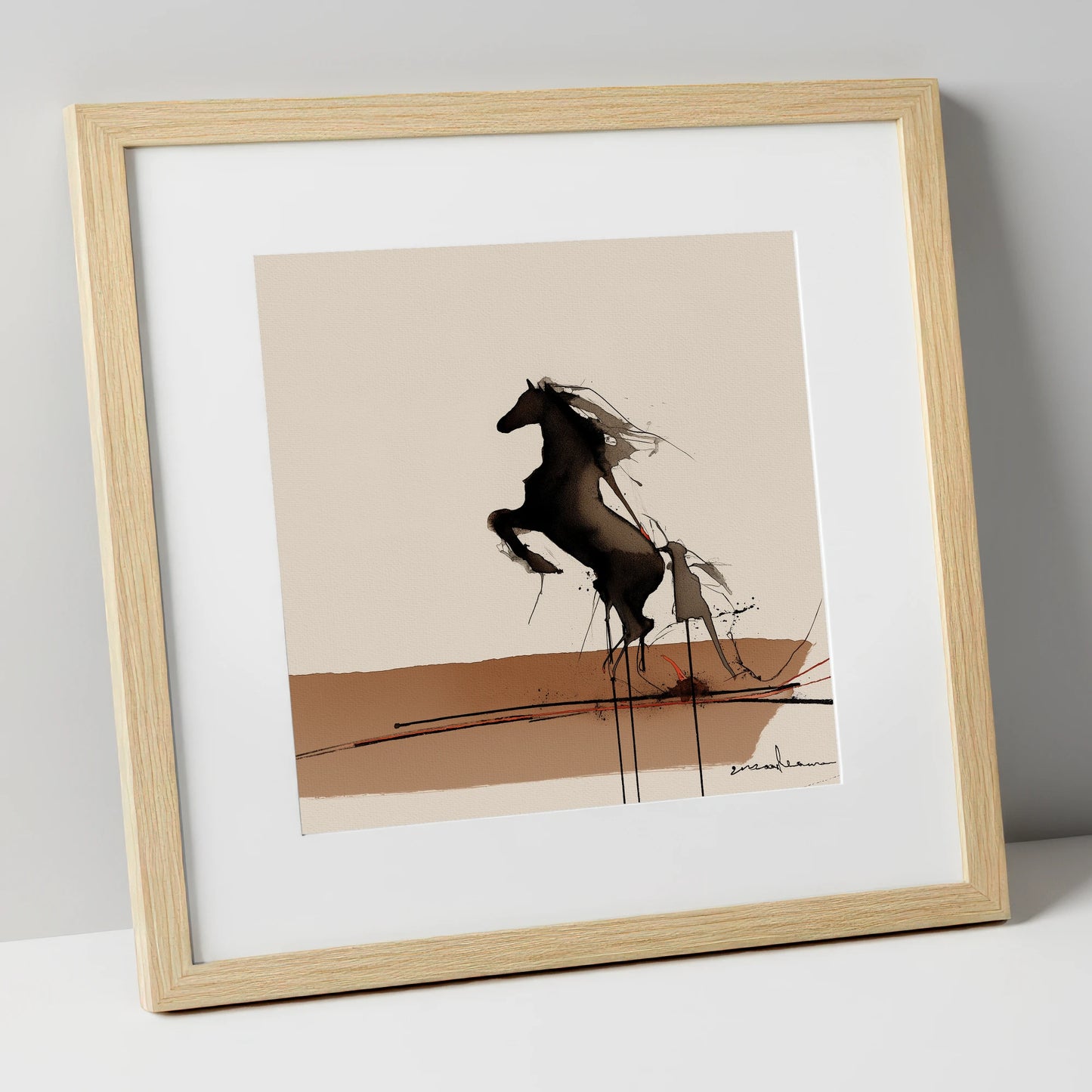 Untamed Dark Silhouette wild horses art print in natural frame
