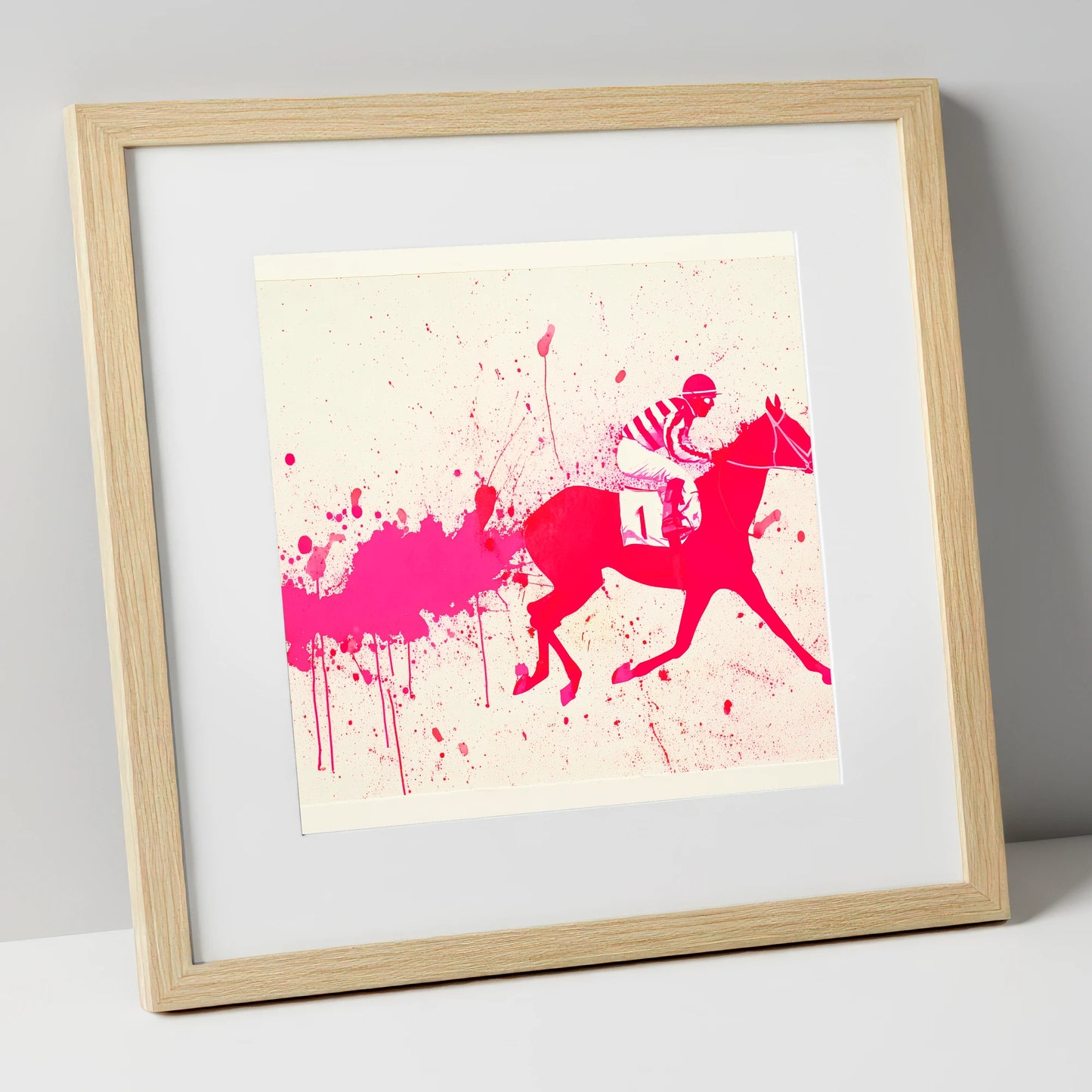 Magenta Racing Surge racing horse art print in natural frame