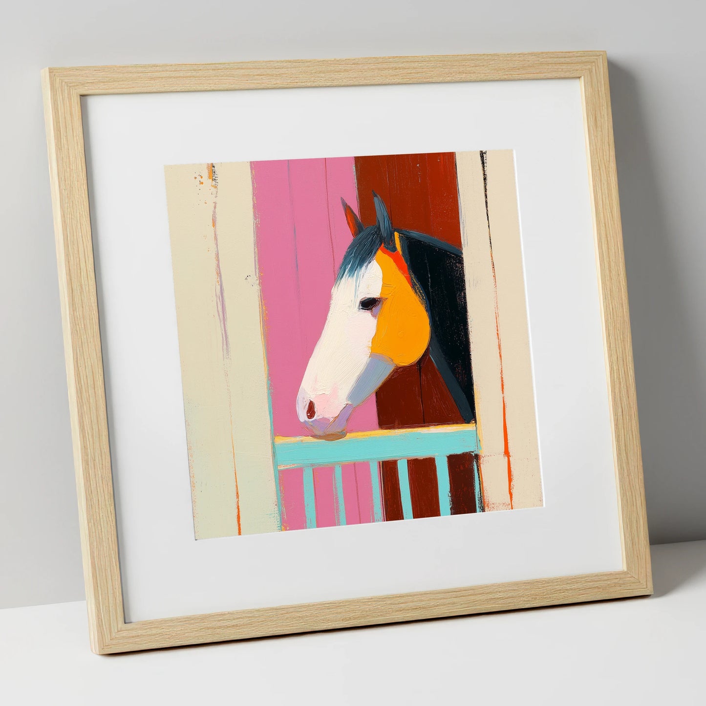 Over the Turquoise Door horse stable art print in natural frame