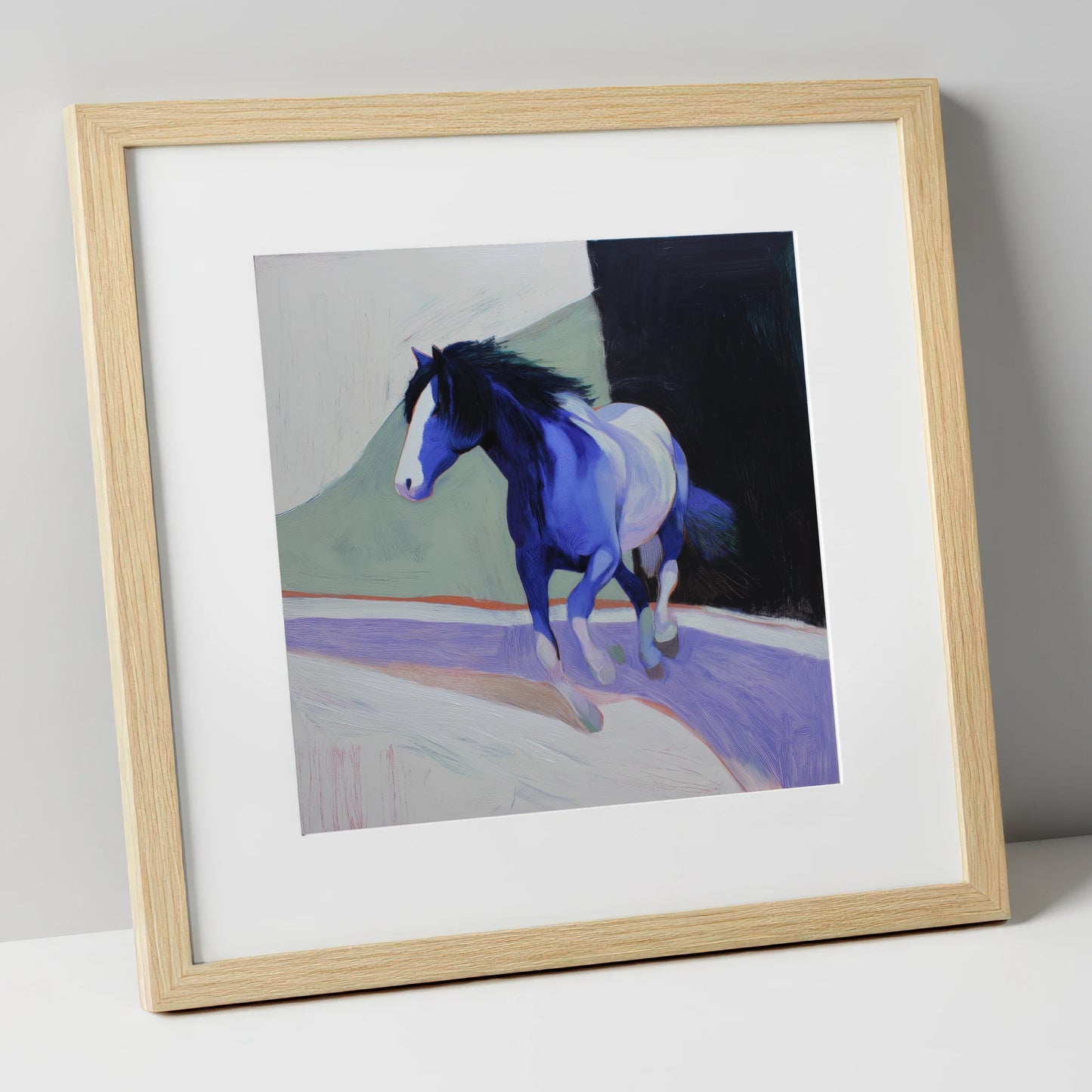 The Cobalt Stride horse portrait art print in natural frame