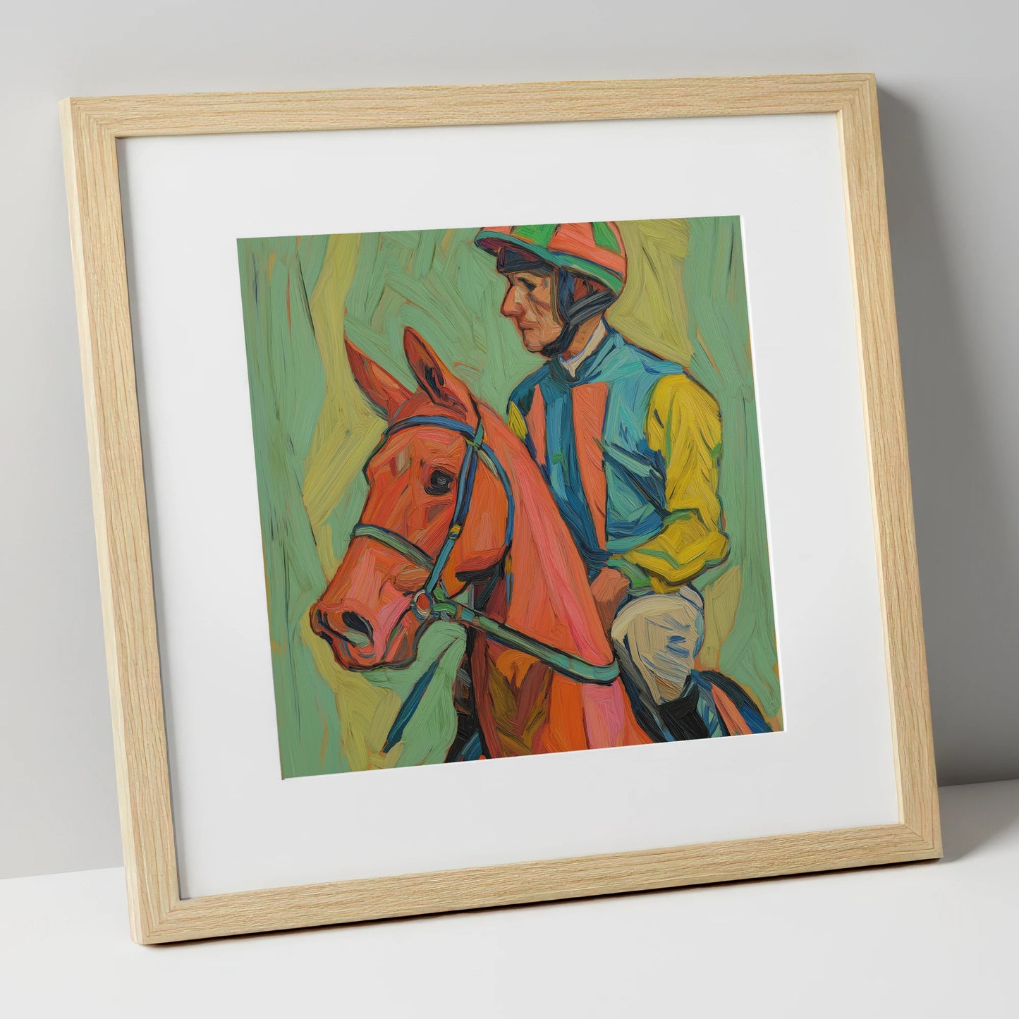 Colours of the Turf racing horse art print in natural frame