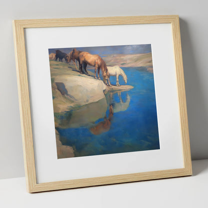 The Azure Watering Hole wild horses art print in natural frame