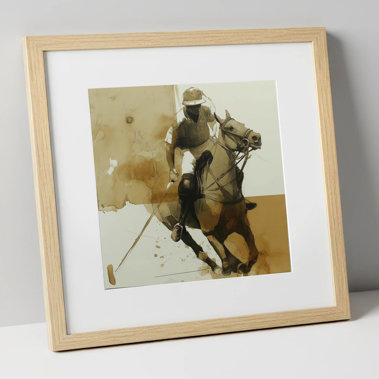 Sepia Polo Pursuit polo horse art print in natural frame