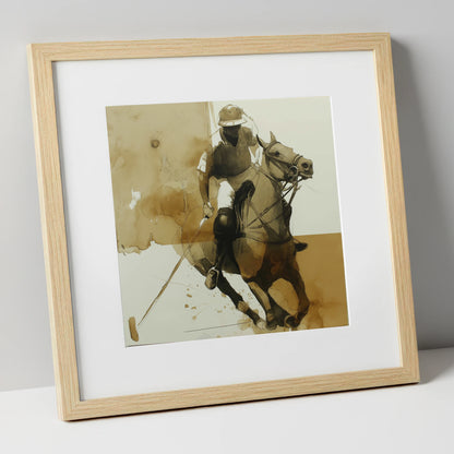 Sepia Polo Pursuit polo horse art print in natural frame