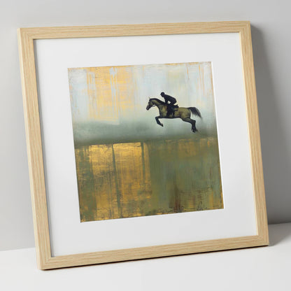 Gilded Suspension show jumping horse art print in natural frame