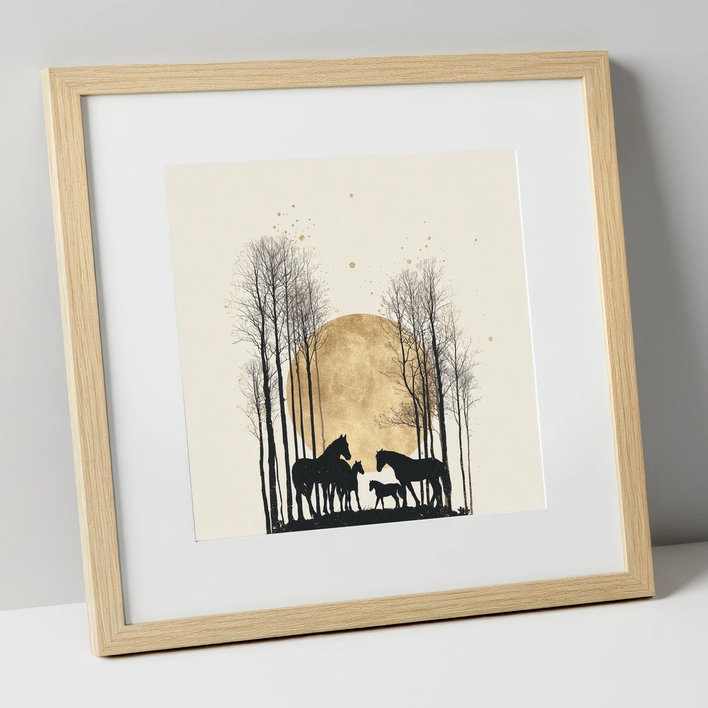 Moonlit Forest Clearing horse landscape art print in natural frame