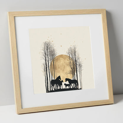 Moonlit Forest Clearing horse landscape art print in natural frame