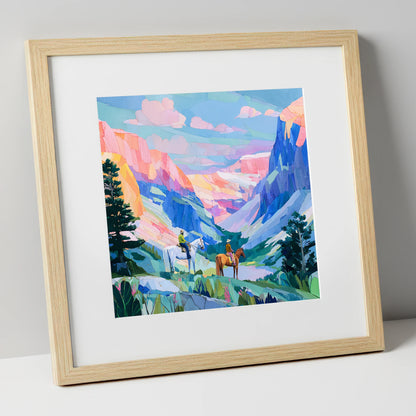 Painted Canyon Trail horse landscape art print in natural frame