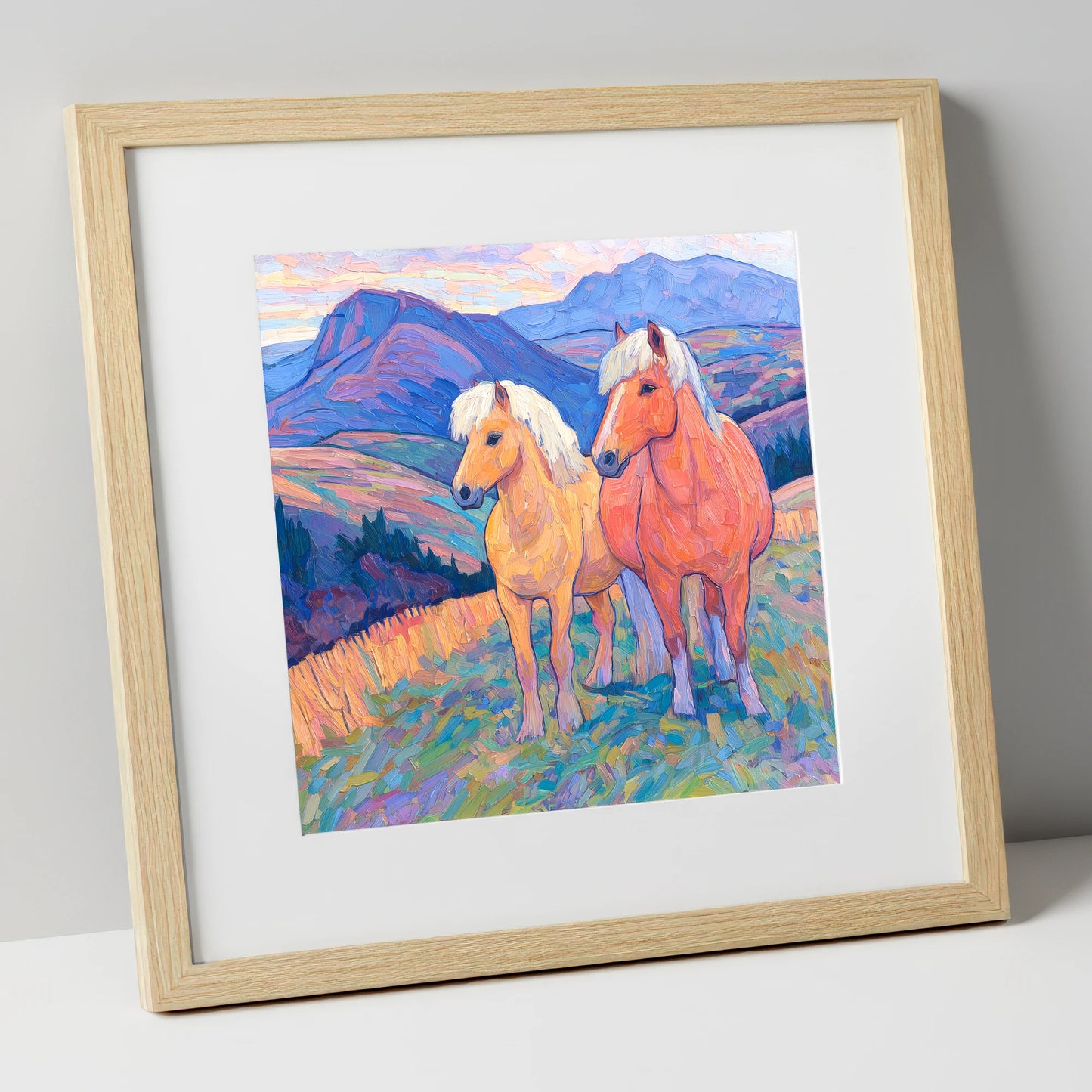 Highland Fjord Companions horse landscape art print in natural frame