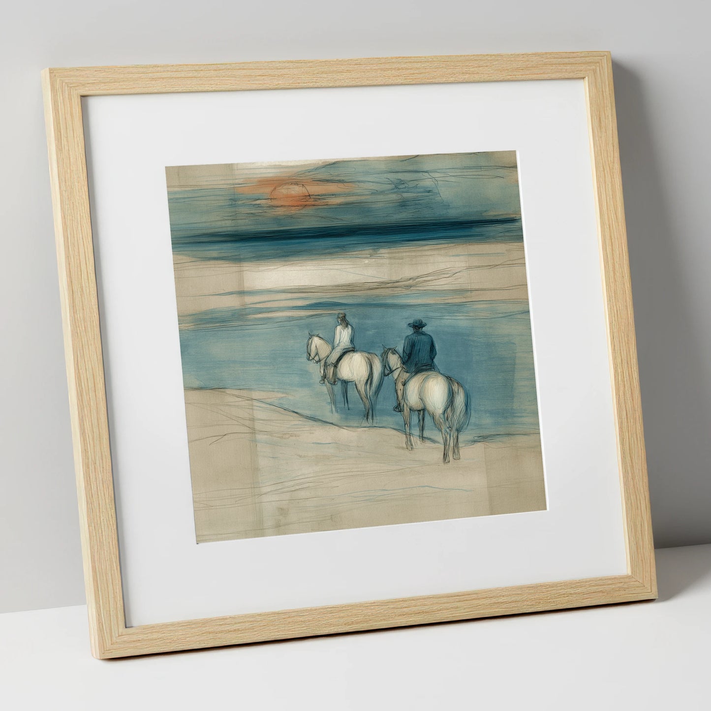 Twilight Shoreline Ride horse landscape art print in natural frame