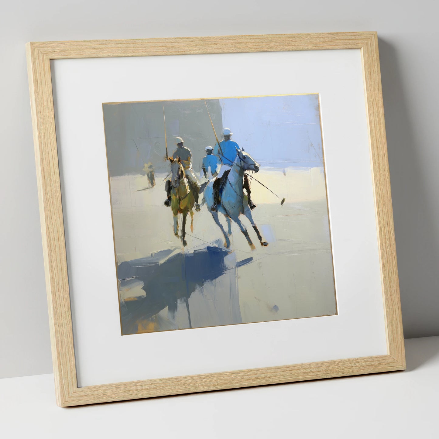 Slate Blue Chukka polo horse art print in natural frame