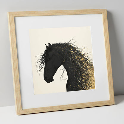 Gilded Midnight horse breed art print in natural frame