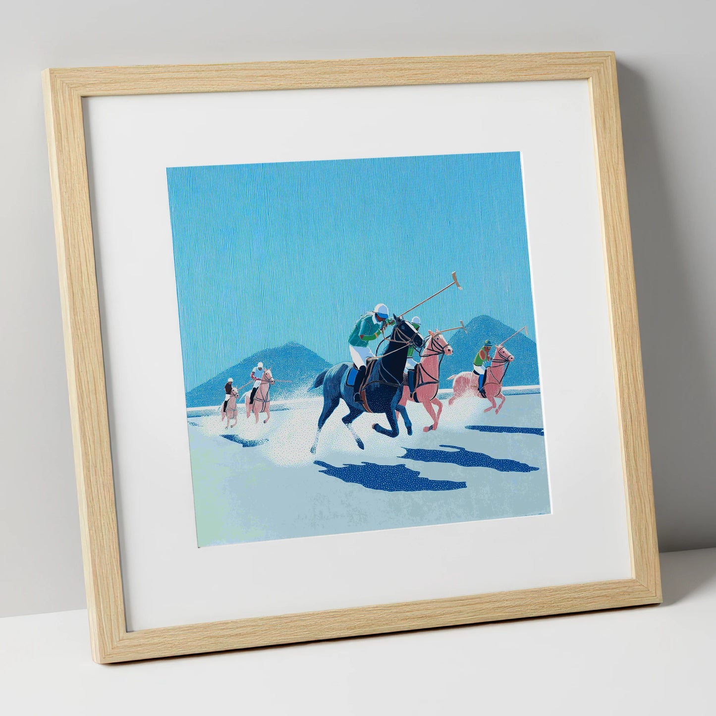 Azure Polo Pursuit polo horse art print in natural frame