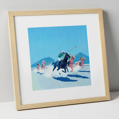 Azure Polo Pursuit polo horse art print in natural frame