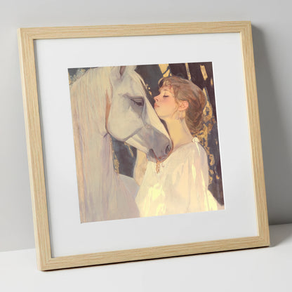 A Luminous Bond horse & rider art print in natural frame