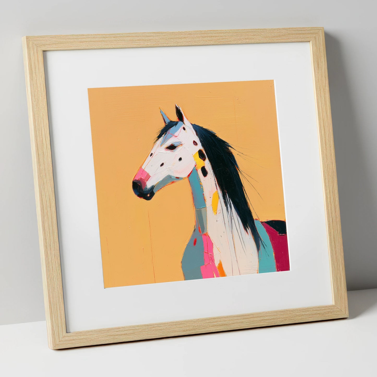 Vibrant Appaloosa Portrait horse breed art print in natural frame