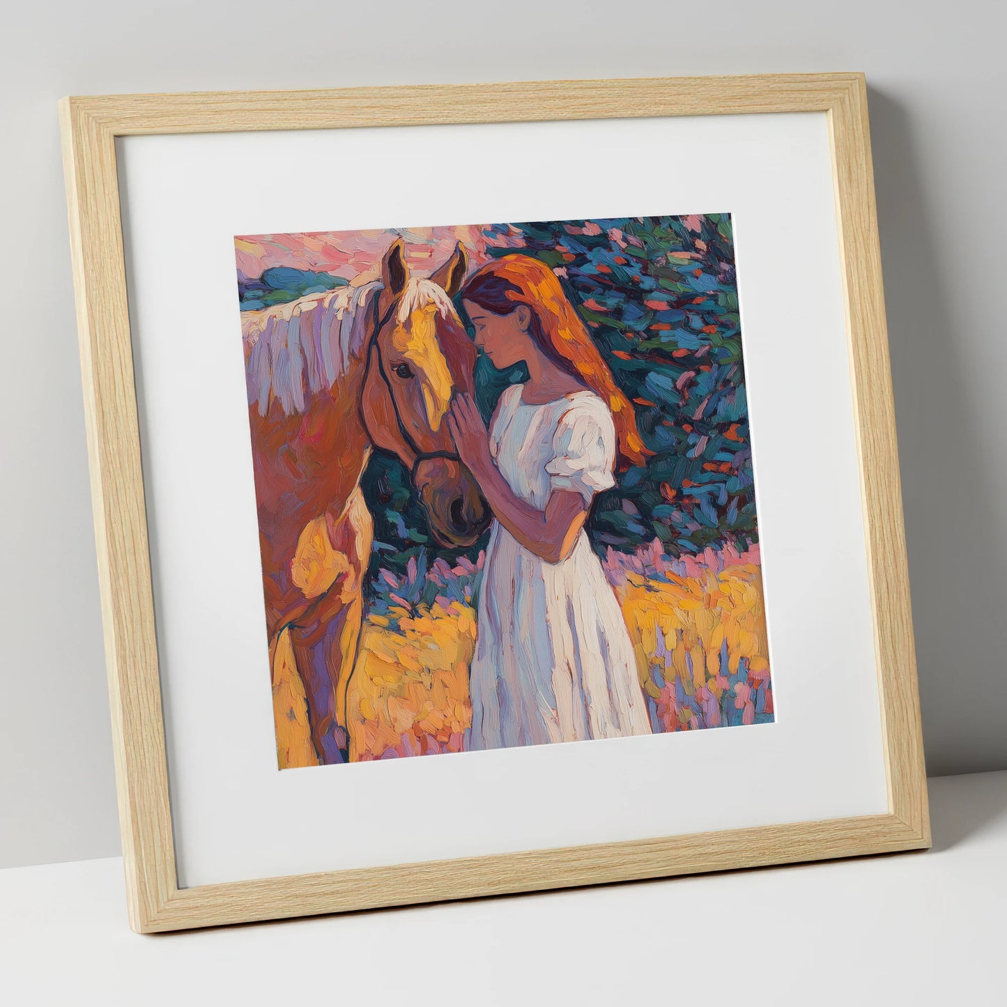 A Quiet Connection horse & rider art print in natural frame