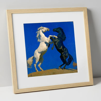 Cobalt Sky Stallions wild horses art print in natural frame