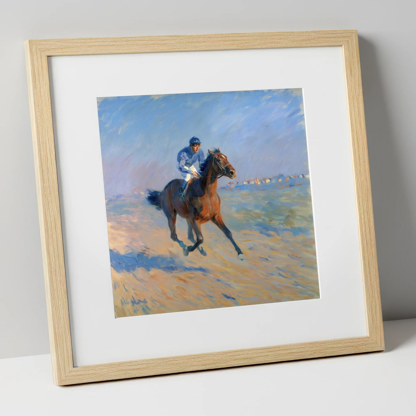 The Morning Gallop racing horse art print in natural frame