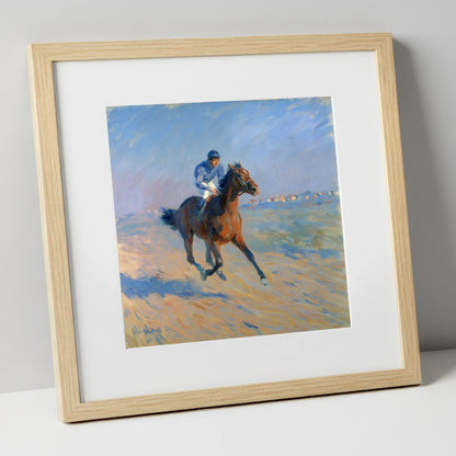 The Morning Gallop racing horse art print in natural frame