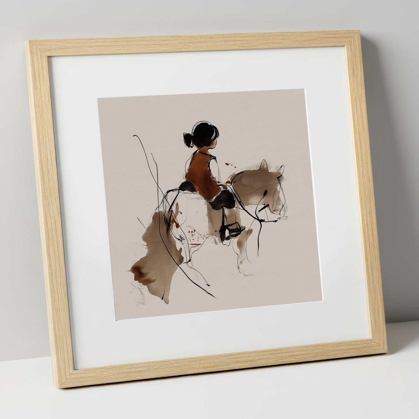 The Little Equestrian horse & rider art print in natural frame