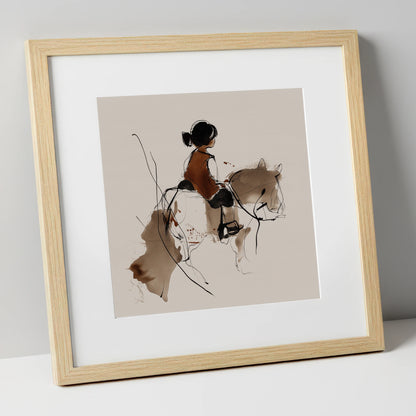 The Little Equestrian horse & rider art print in natural frame