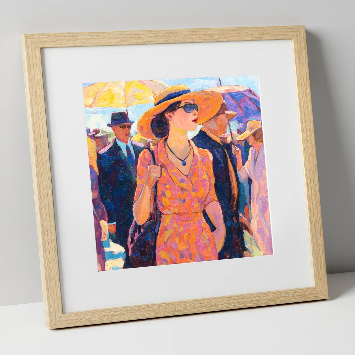 Race Day Glamour racing horse art print in natural frame
