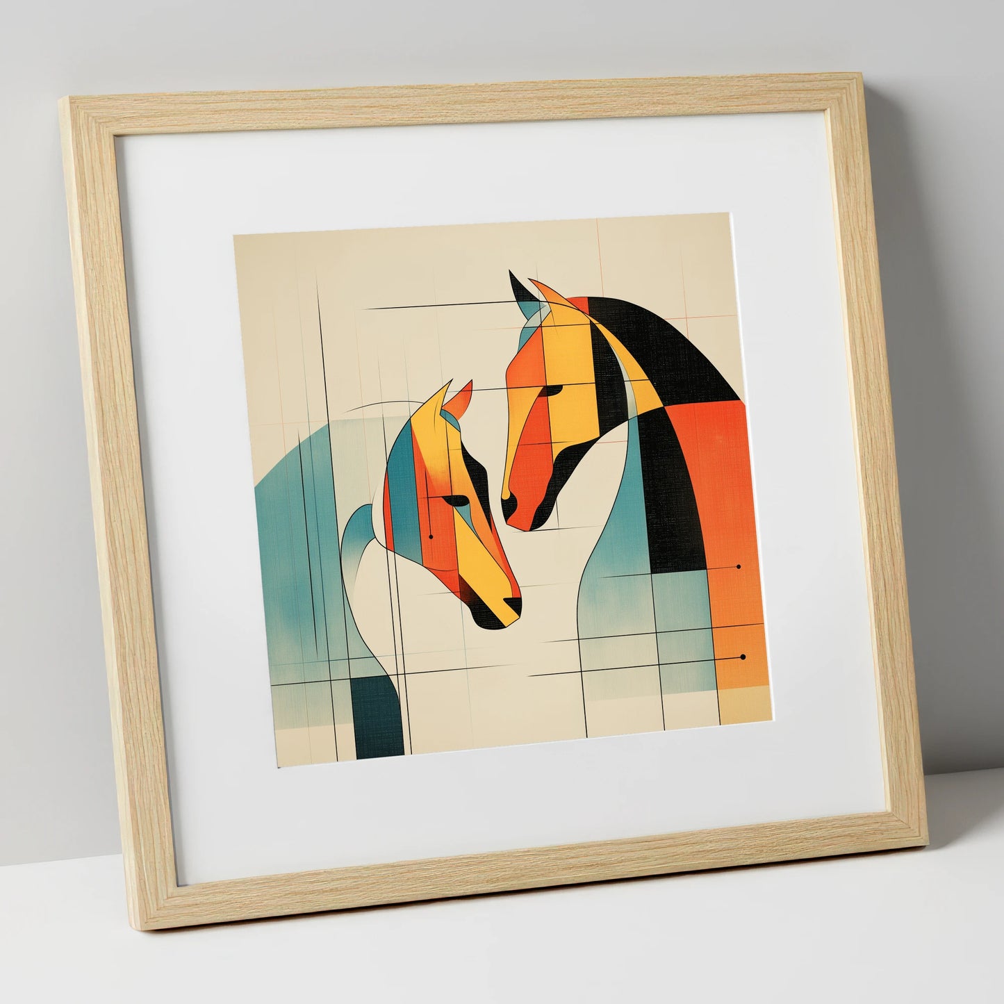 Geometric Equine Connection horse portrait art print in natural frame