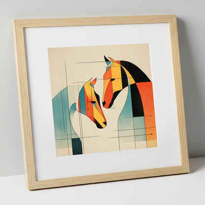 Geometric Equine Connection horse portrait art print in natural frame