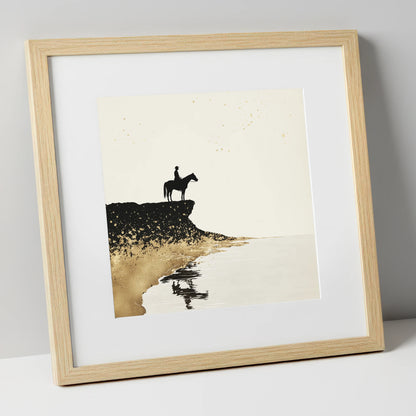 Golden Shores Silhouette beach horse art print in natural frame