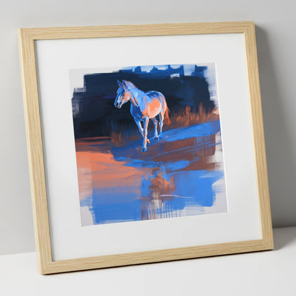 Cobalt Dawn Crossing horse landscape art print in natural frame