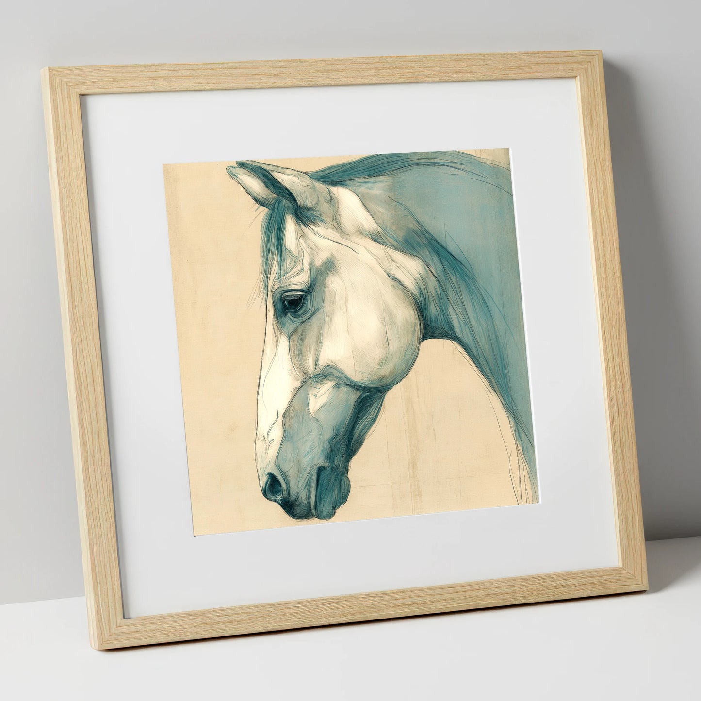 Teal Wash Portrait horse portrait art print in natural frame