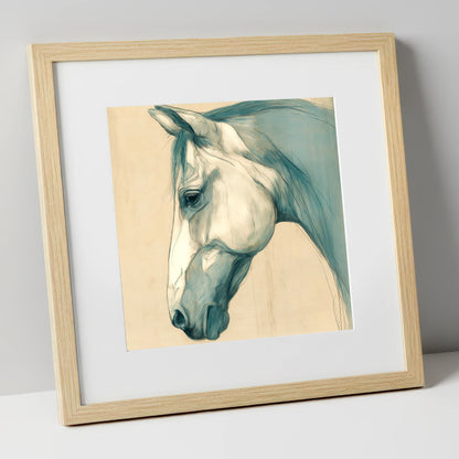 Teal Wash Portrait horse portrait art print in natural frame