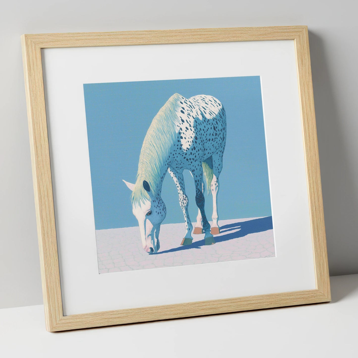 Azure Appaloosa horse breed art print in natural frame