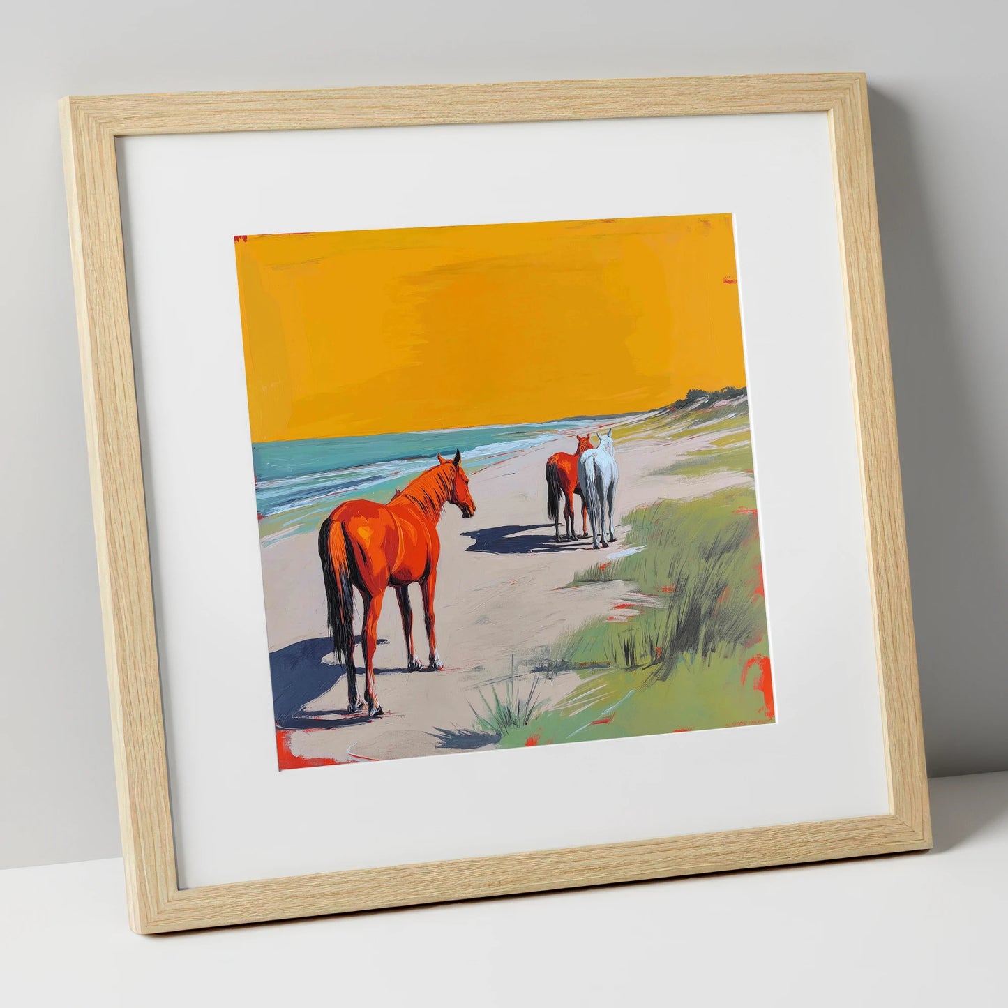 Golden Sands Companions horse landscape art print in natural frame