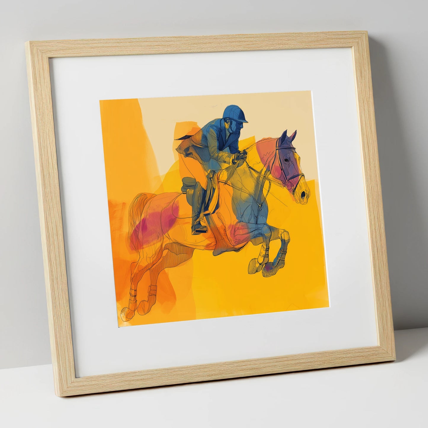 Flight in Colour show jumping horse art print in natural frame