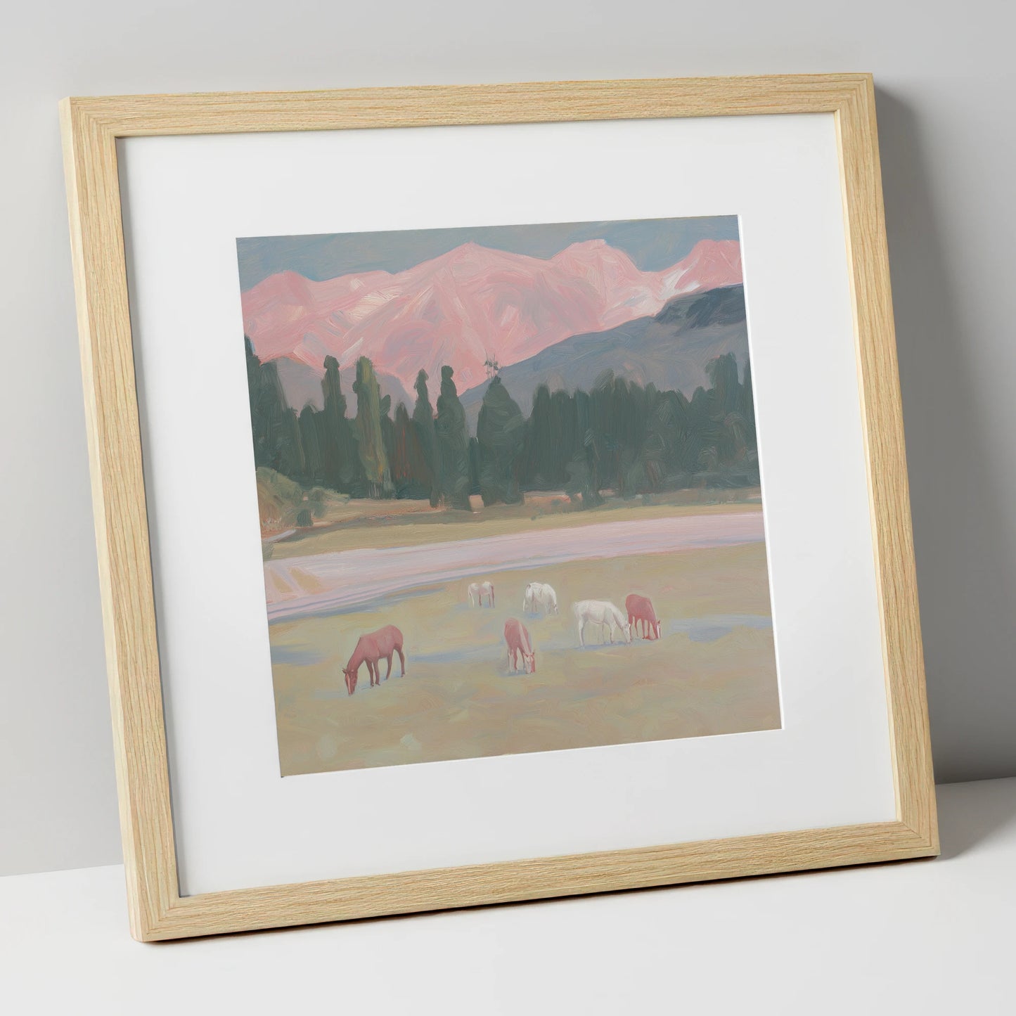 Alpenglow Pastures horse landscape art print in natural frame