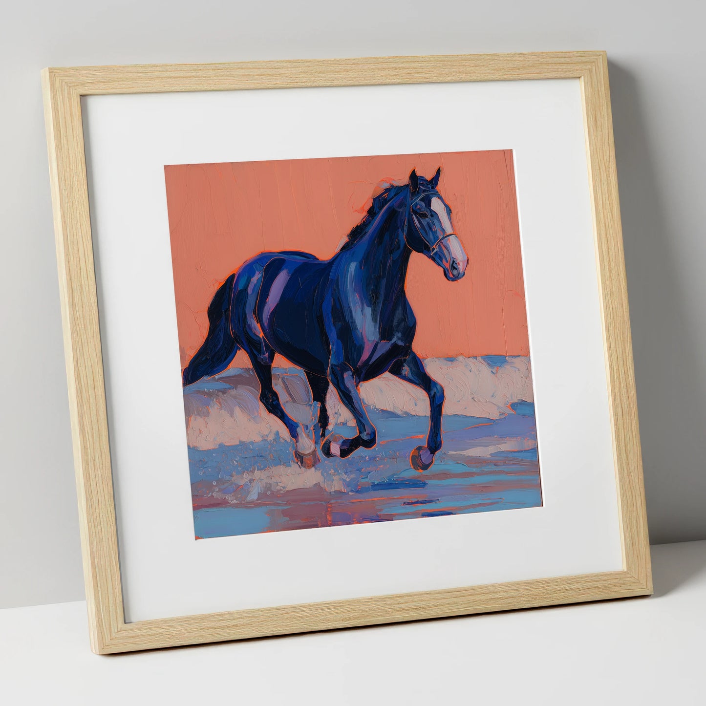 Vibrant Indigo Surf beach horse art print in natural frame