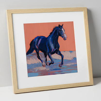 Vibrant Indigo Surf beach horse art print in natural frame