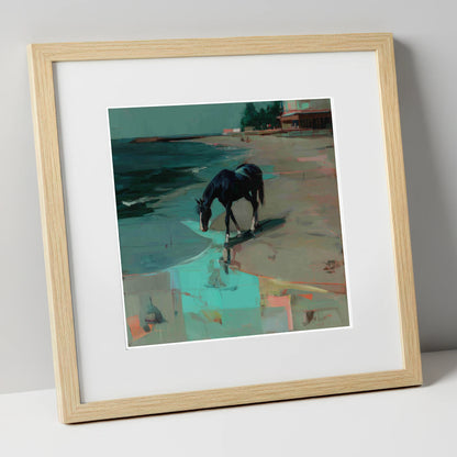 Coastal Solitude horse landscape art print in natural frame