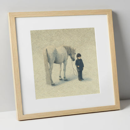 A Quiet Understanding horse & rider art print in natural frame