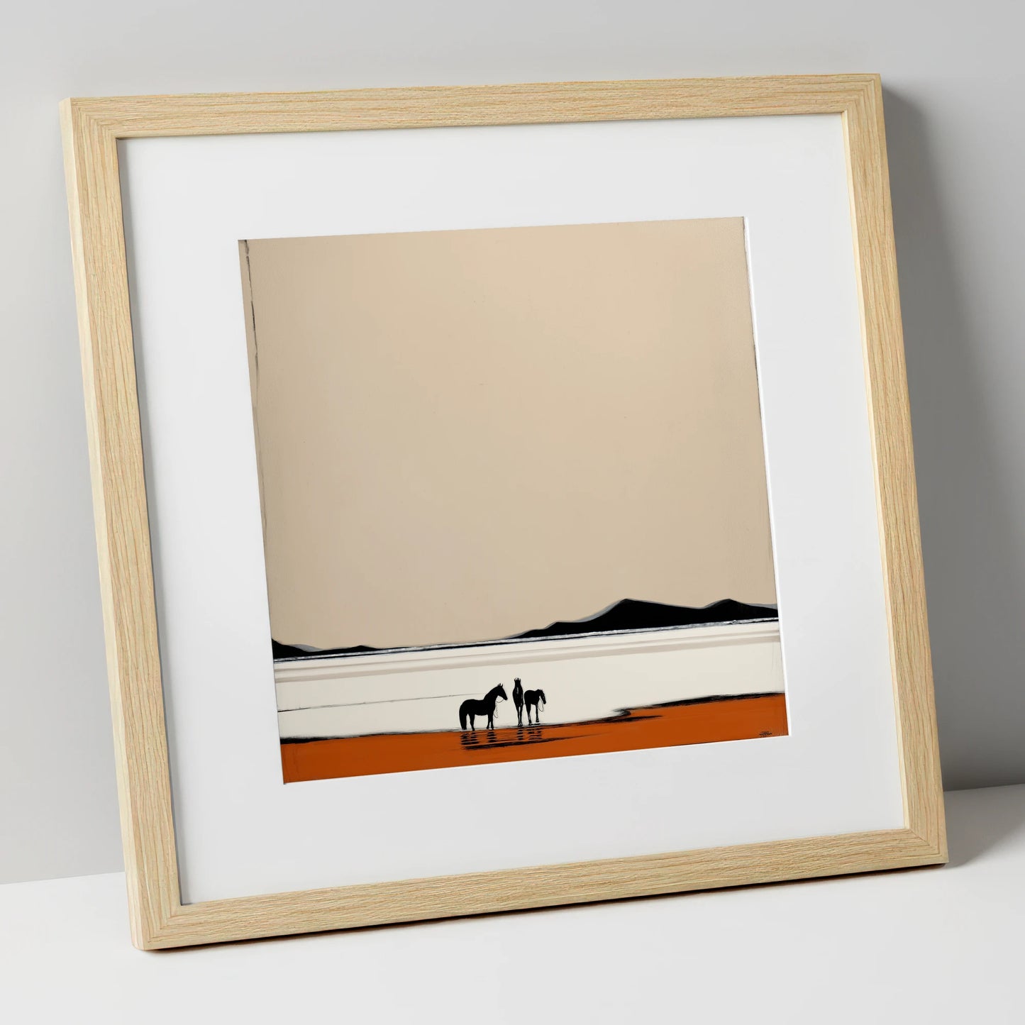 Silhouetted Horizons horse landscape art print in natural frame